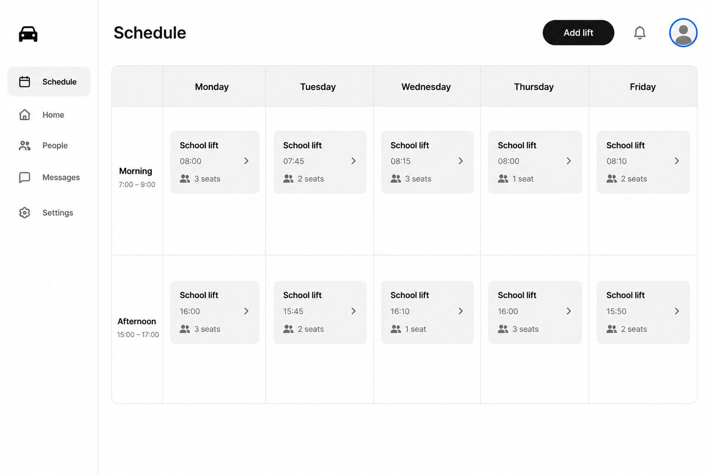 The week's lift schedule: who drives which morning
