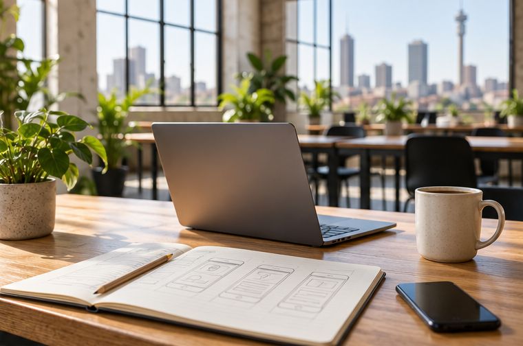 A desk by a window over Johannesburg, with a laptop and pencil sketches of app screens