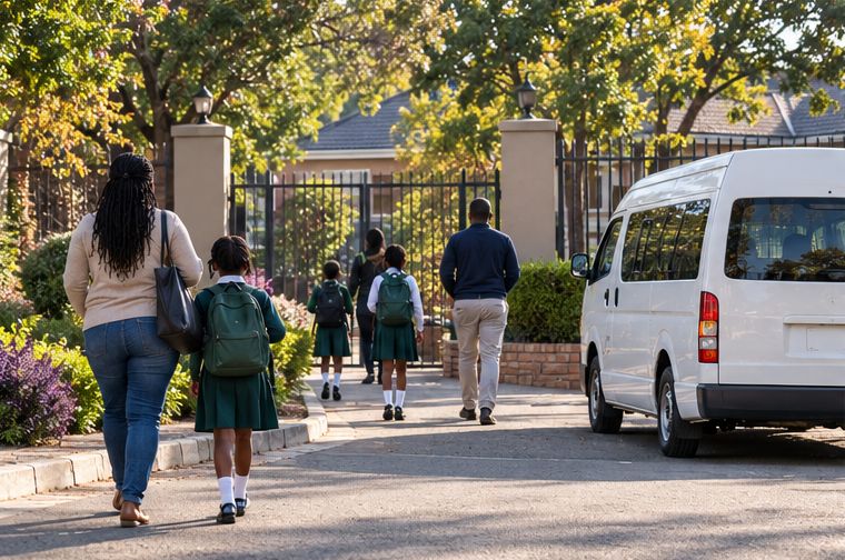 Parents and children walking into a school gate in the morning
