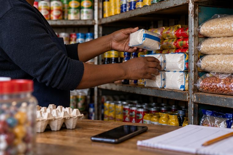 Hands stacking bags of sugar on a shop shelf, a phone on the counter