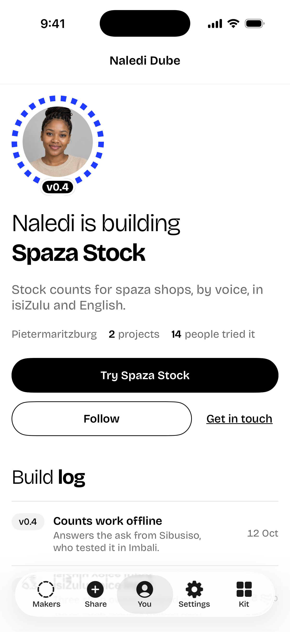 A profile: a large photo mark with a dashed blue ring and a v0.4 label, a light heading with one bold word, and a black pill