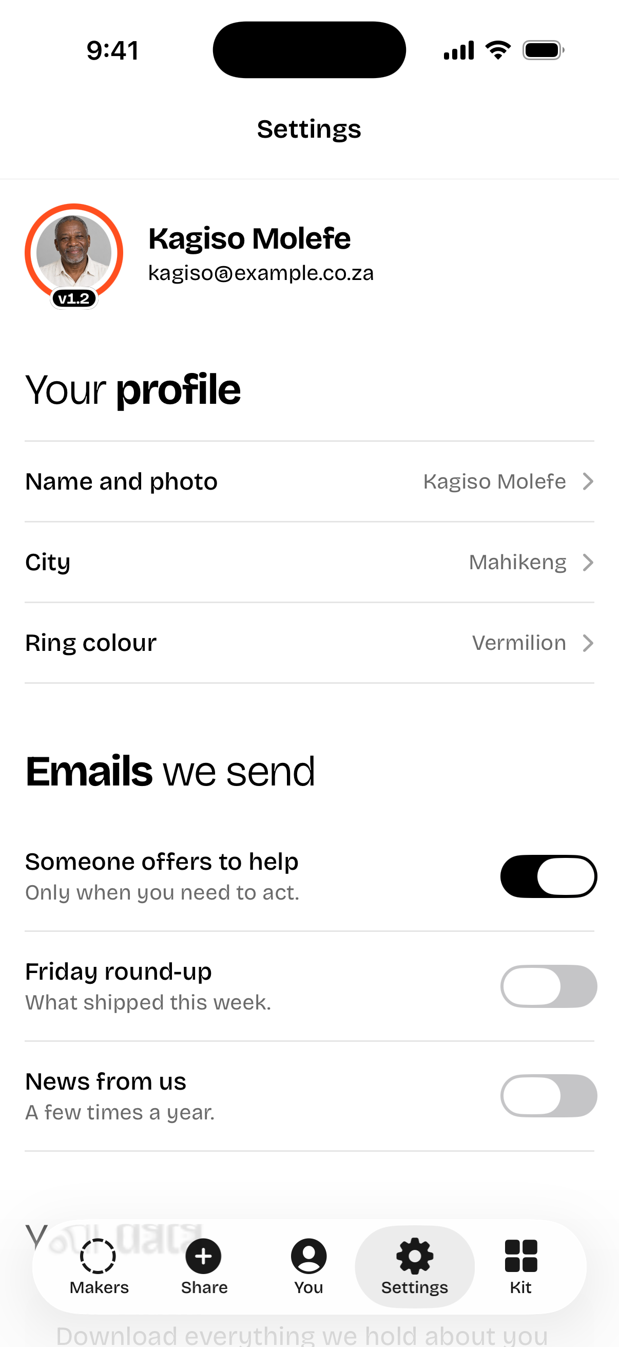 Settings: rows with chevrons, black switches, download and delete