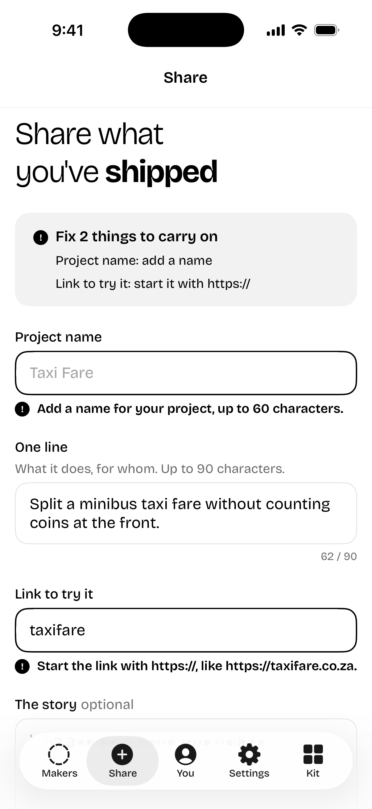A form after a failed submit: a grey problems banner and black error lines under two fields